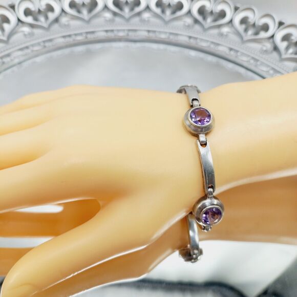 Vtg BOMA Sterling Silver 925 Natural Amethyst Link Bracelet - Picture 9 of 12